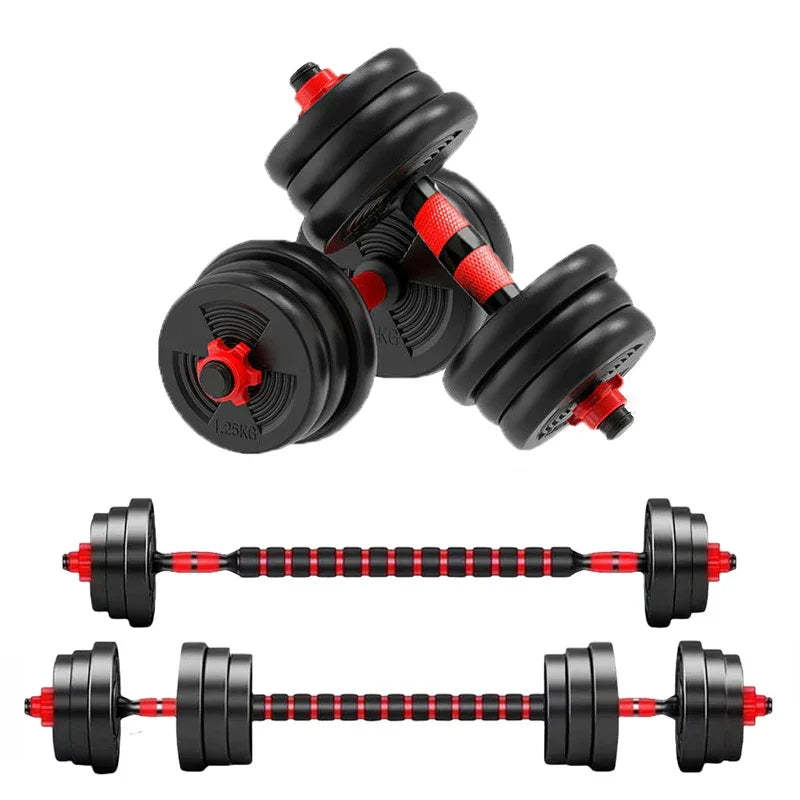 Adjustable 5-44lbs dumbbell to barbell set by Fitnessniches, showcasing weights and connecting bar in a home gym setting.