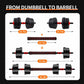 Adjustable Fitnessniches dumbbell to barbell set, ranging from 5 to 44 lbs, displayed with various weight configurations.