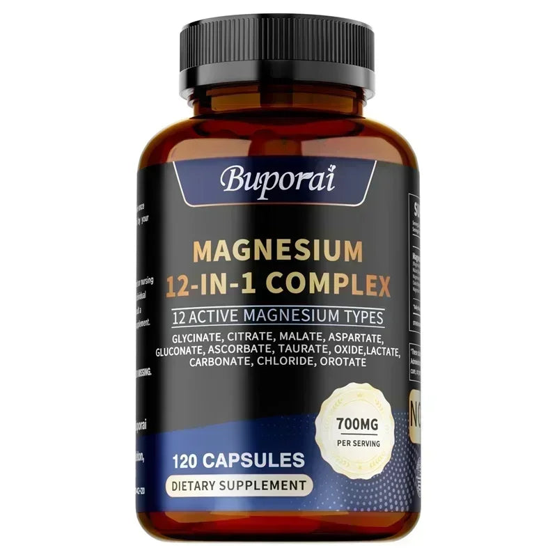Fitnessniches Magnesium 12-in-1 Complex supplement bottle with label showcasing ingredients and product details.