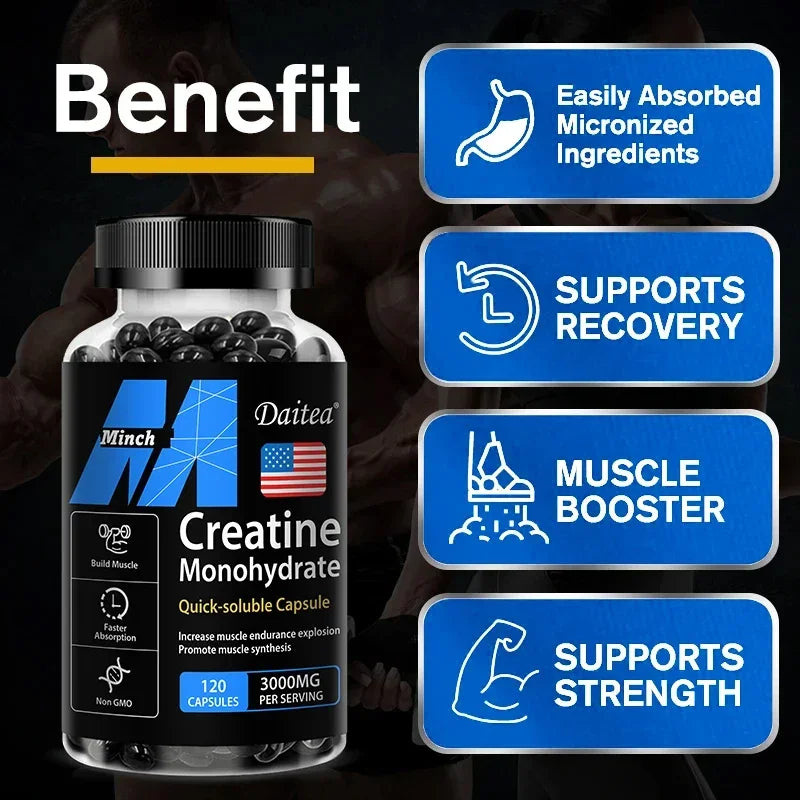 Fitnessniches Creatine Monohydrate 3000mg powder in a clear container with a scoop on a wooden surface.