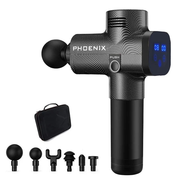 Phoenix A2 Massage Gun by Fitnessniches, featuring ergonomic design and multiple attachment heads for muscle relief.