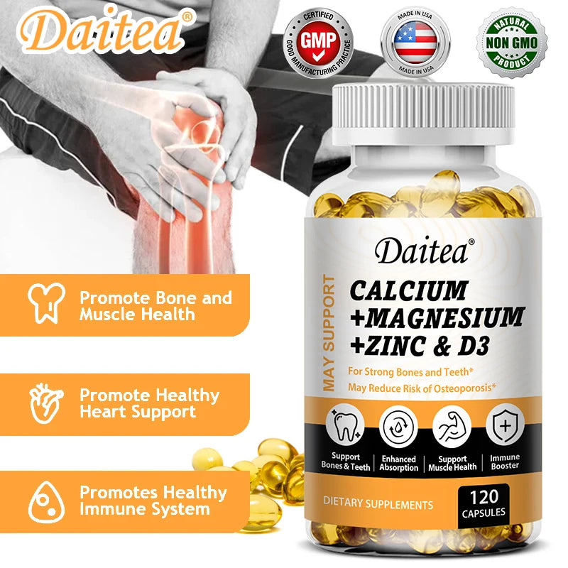 Cal-Mag-Zinc + D3 supplement bottle by Fitnessniches, featuring a clear label and colorful design on a white background.