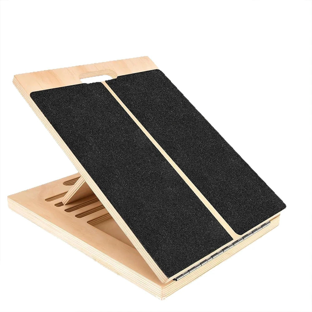 Foldable wooden incline board by Fitnessniches, showcasing its sloped surface and compact design for effective workouts.