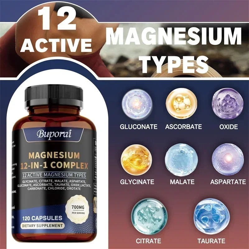 Fitnessniches Magnesium 12-in-1 Complex supplement bottle with a white label and multicolored design on a wooden surface.