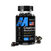 Fitnessniches Creatine Monohydrate 3000mg powder in a clear container with a white scoop on a wooden surface.