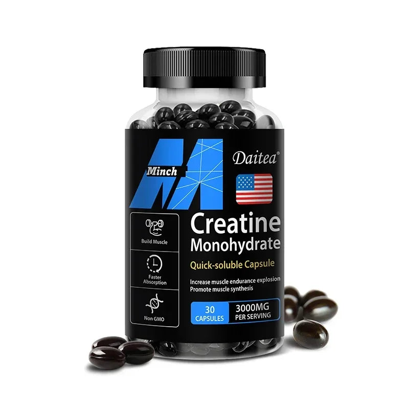Fitnessniches Creatine Monohydrate 3000mg powder in a clear container with a white scoop on a wooden surface.