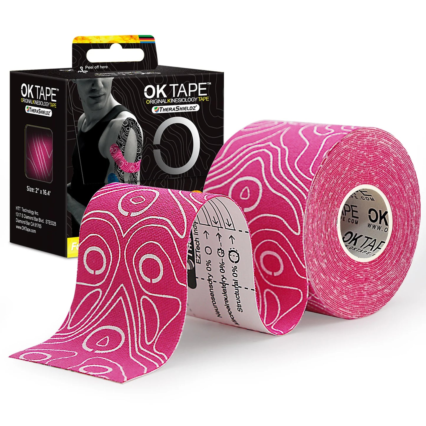 OK TAPE PRO Kinesiology Tape in blue, showcasing its flexible texture and adhesive backing for muscle support.