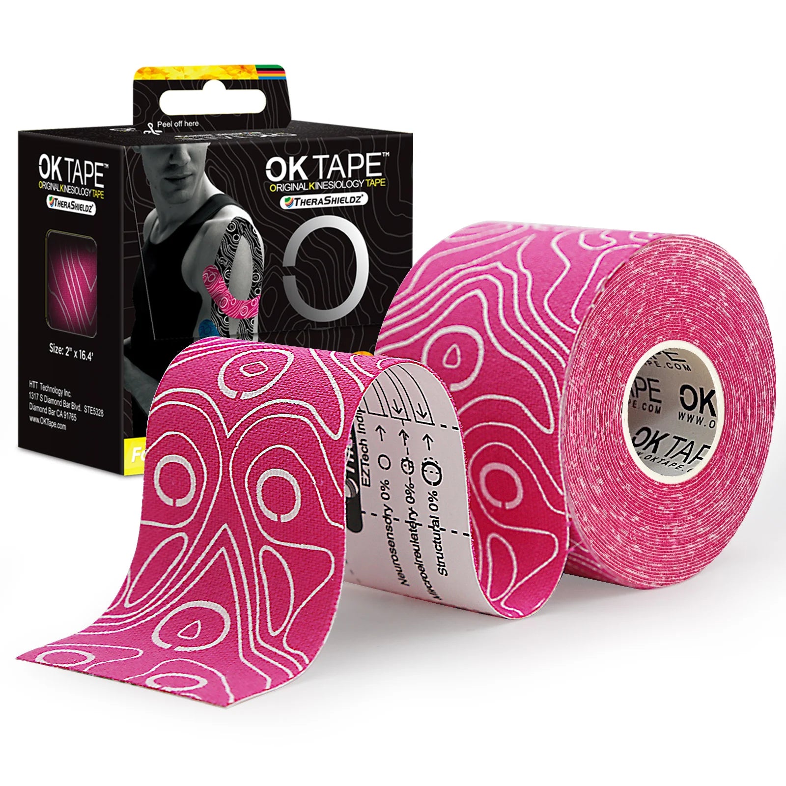 OK TAPE PRO Kinesiology Tape in blue, showcasing its flexible texture and adhesive backing for muscle support.