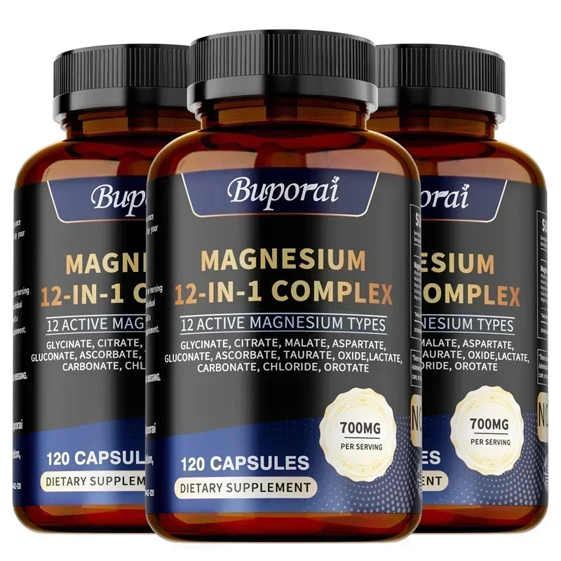 Fitnessniches Magnesium 12-in-1 Complex capsules in a clear bottle with a white label, showcasing the supplement's contents.