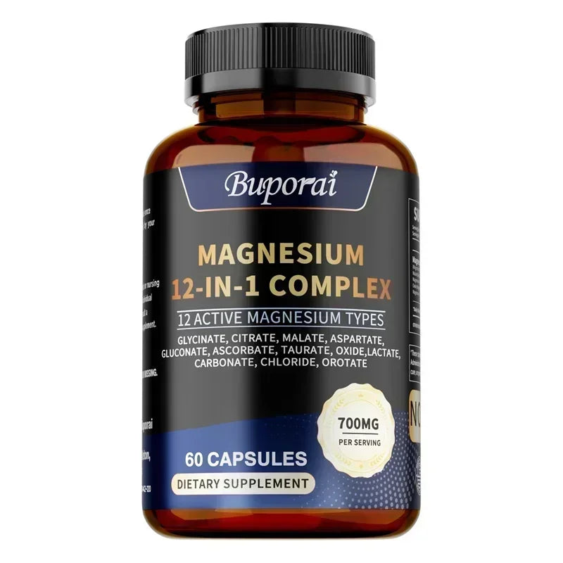 Fitnessniches Magnesium 12-in-1 Complex bottle with label showcasing product details and ingredients.