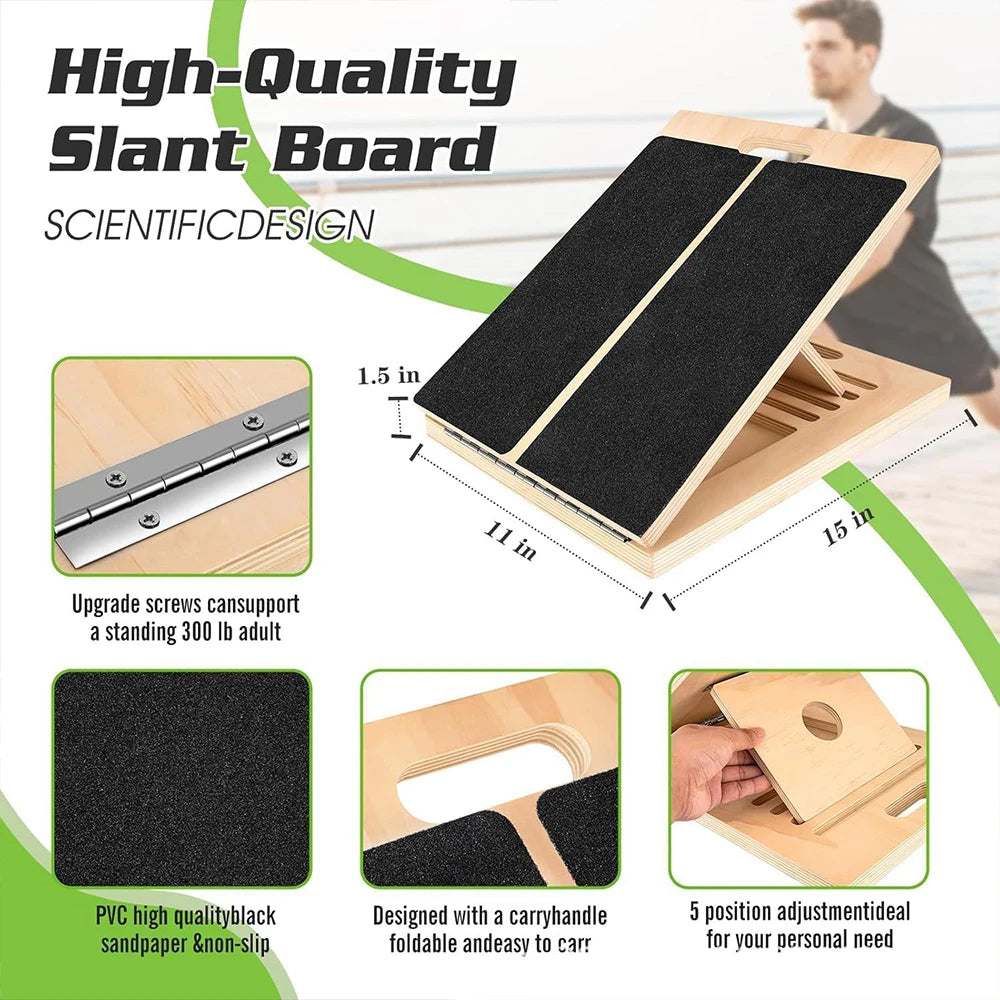 Foldable wooden incline board by Fitnessniches, showcasing its angled surface and compact design for easy storage.