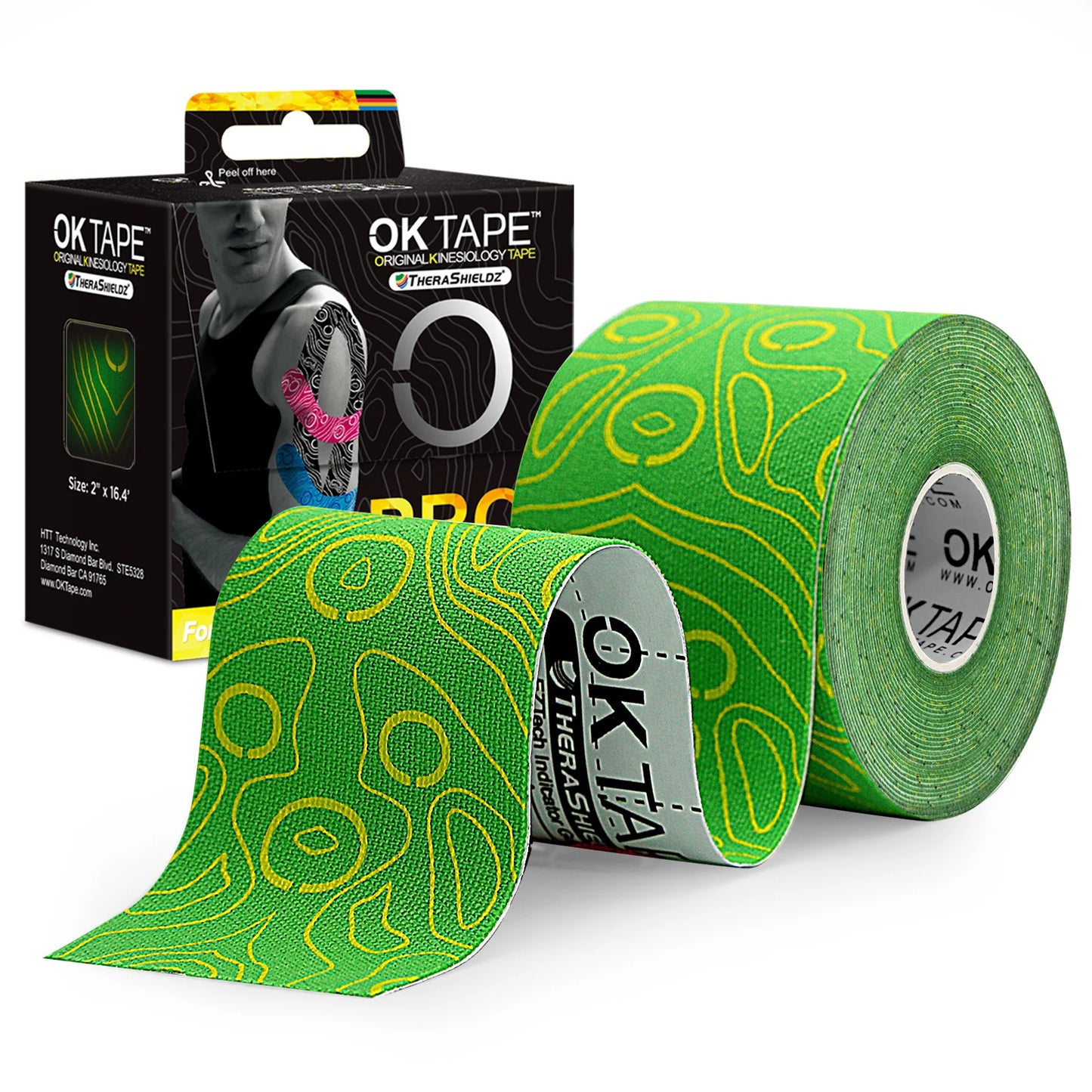 OK TAPE PRO kinesiology tape in vibrant colors, rolls displayed on a clean surface, ideal for athletic support and recovery.