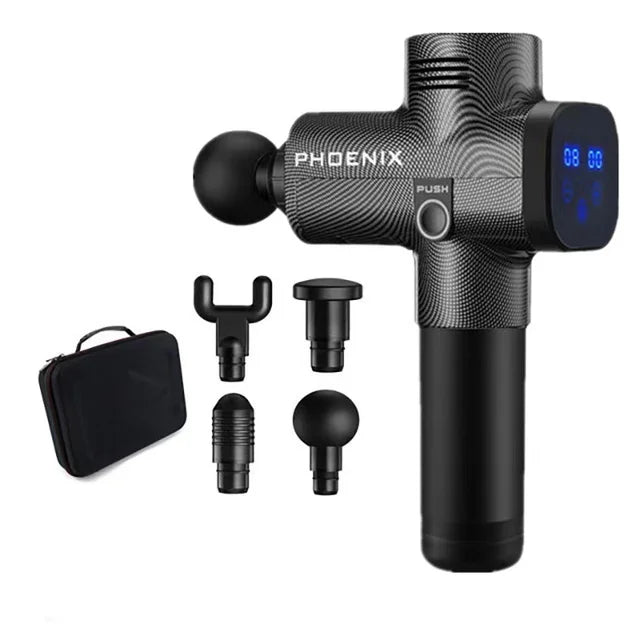 Phoenix A2 Massage Gun by Fitnessniches with ergonomic handle and multiple attachment options for muscle relief.