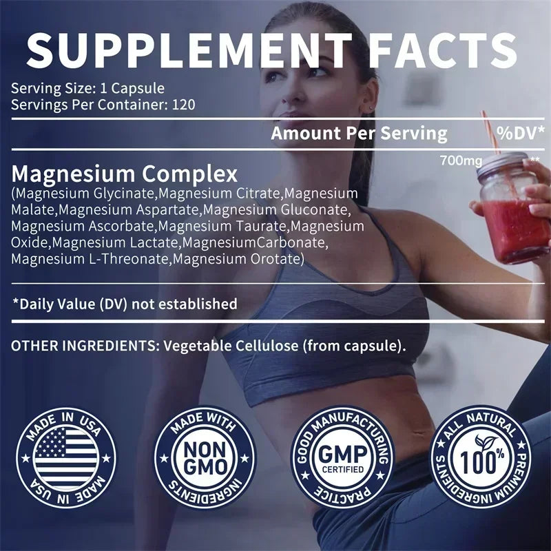 Fitnessniches Magnesium 12-in-1 Complex supplement bottle with a clear label and capsules visible inside.