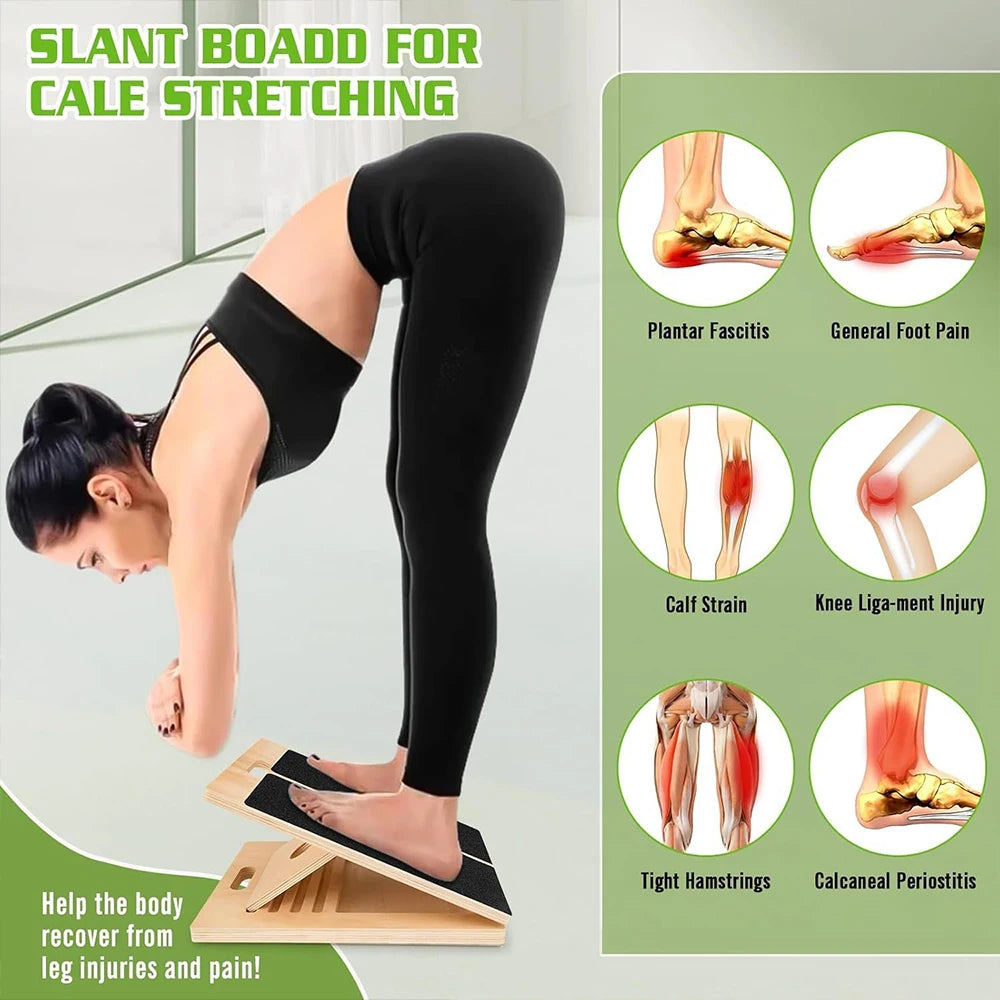Foldable wooden incline board by Fitnessniches, showcasing a sleek design and adjustable angle for versatile workouts.