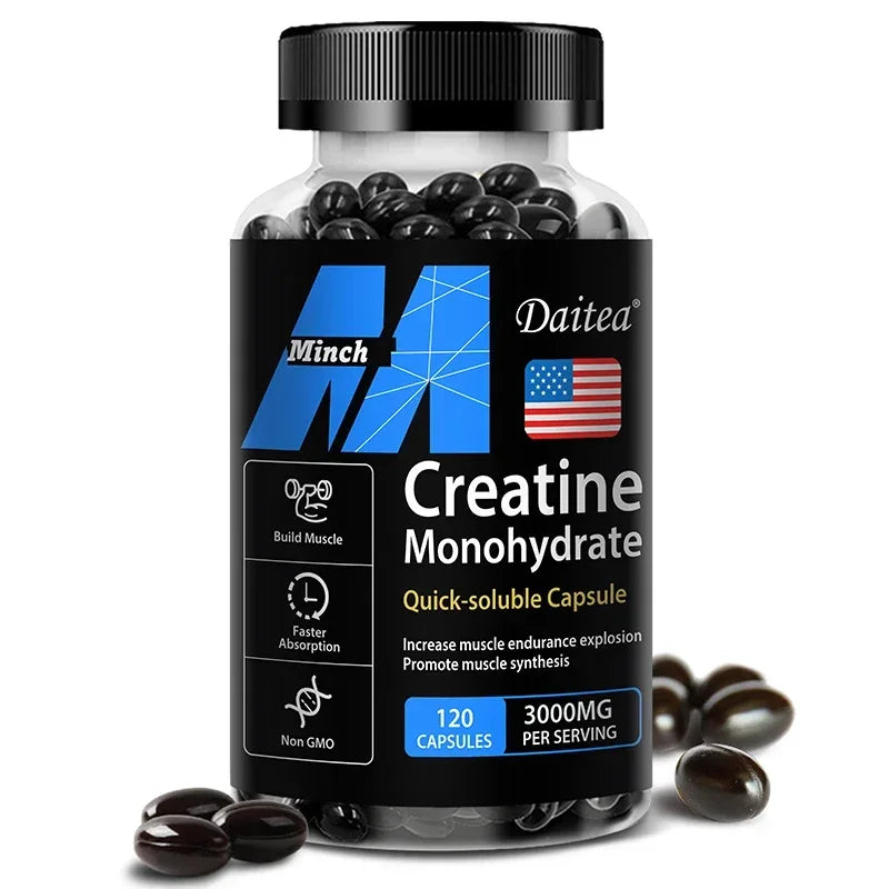 Fitnessniches Creatine Monohydrate 3000mg powder in a clear container with a scoop on a wooden surface.