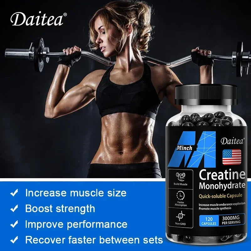 Fitnessniches Creatine Monohydrate 3000mg powder in a clear container with a scoop on a wooden surface.