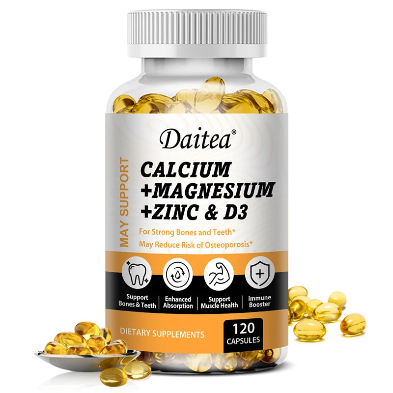 Cal-Mag-Zinc + D3 Complete Support supplement bottle from Fitnessniches on a wooden surface with green foliage.