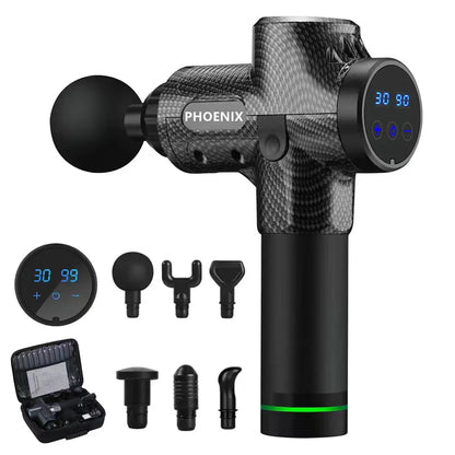 Phoenix A2 Massage Gun by Fitnessniches with ergonomic handle and massage head displayed on a flat surface.