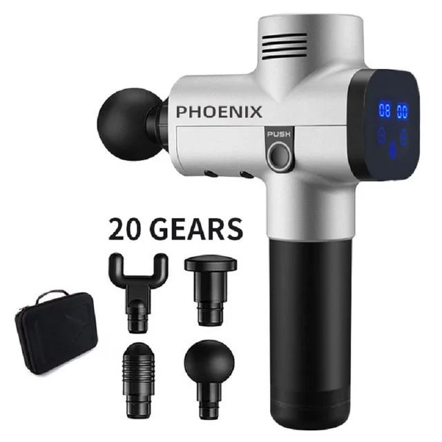 Phoenix A2 Massage Gun by Fitnessniches, featuring ergonomic design and multiple massage heads for muscle relief.