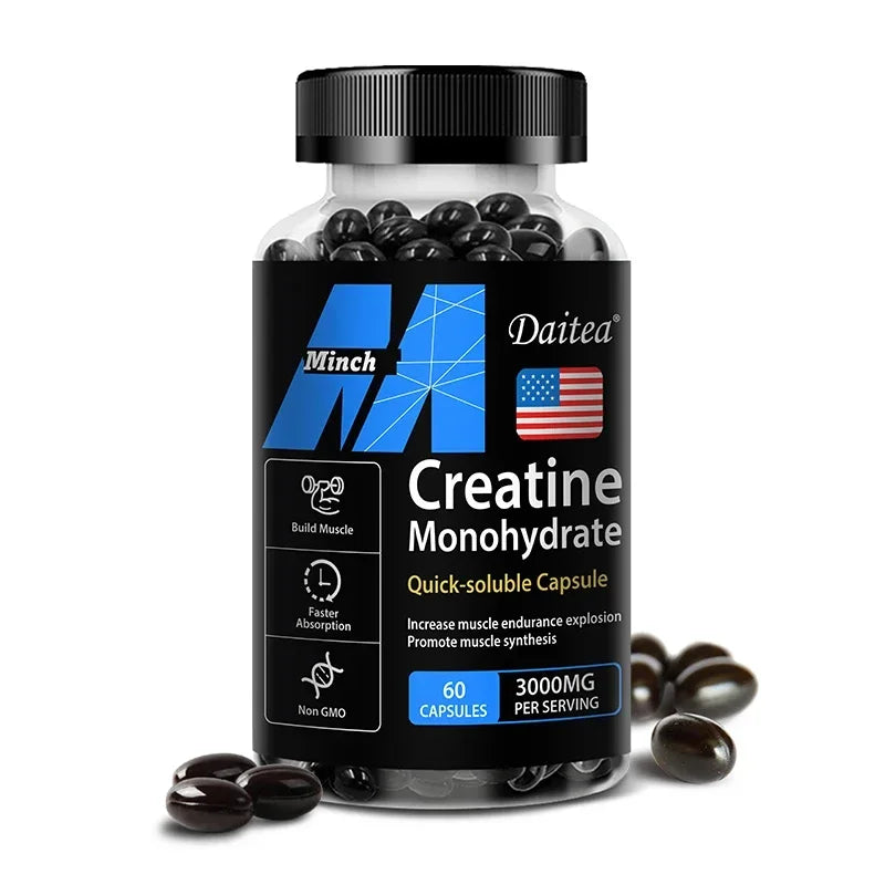 Fitnessniches Creatine Monohydrate 3000mg powder in a clear container with a black lid on a white background.