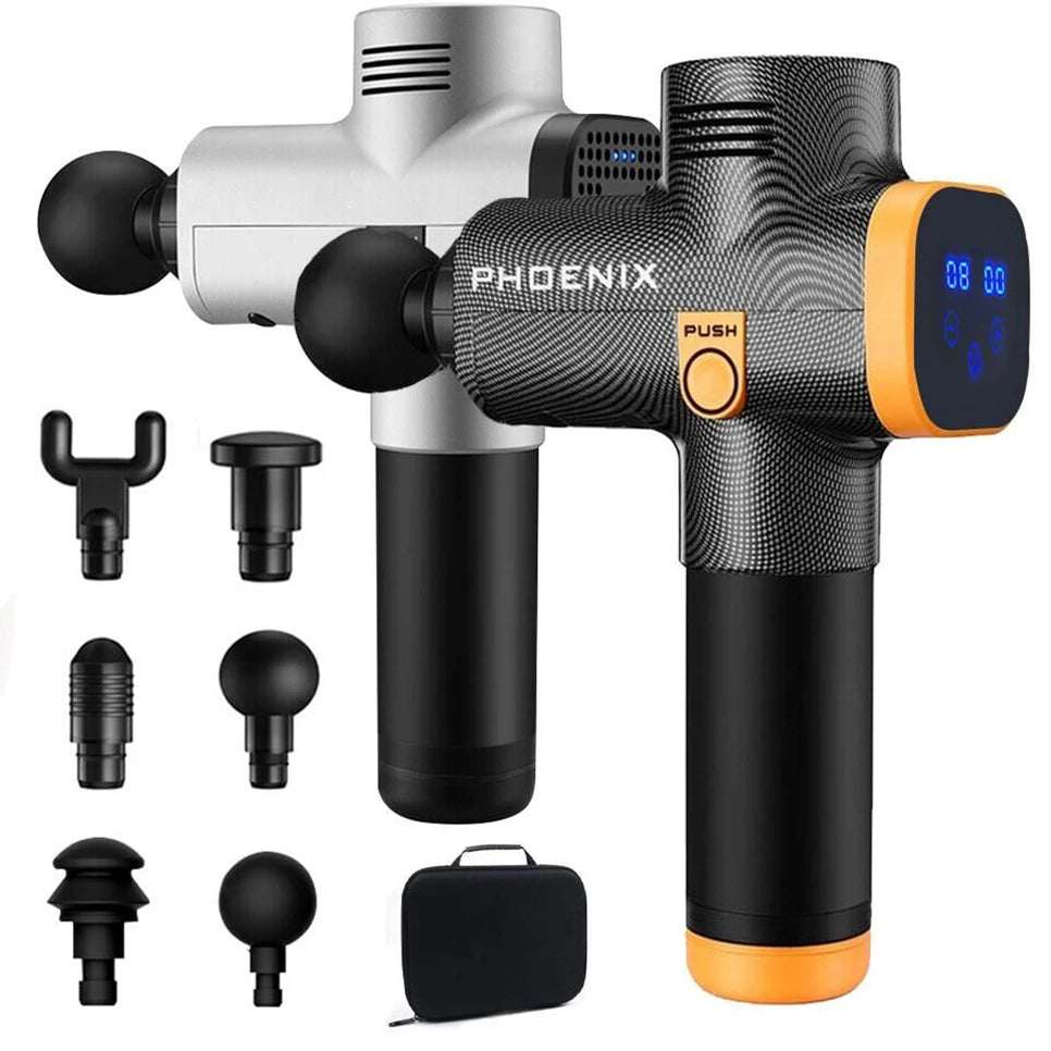Fitnessniches Phoenix A2 massage gun with ergonomic handle and multiple attachment heads for muscle relief.
