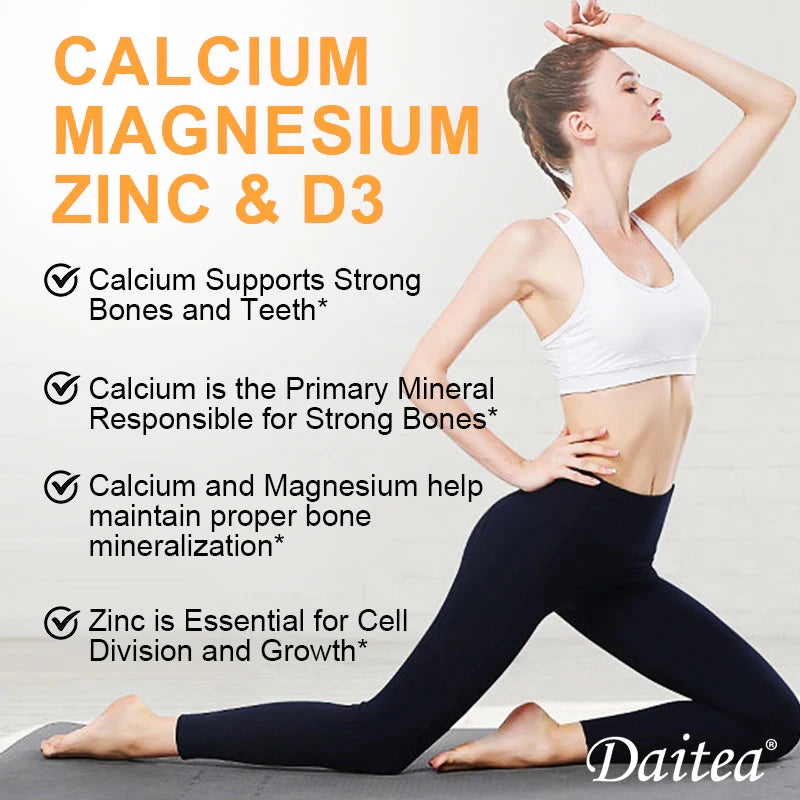 Fitnessniches Cal-Mag-Zinc + D3 supplement bottle with label showcasing complete support for bone health.