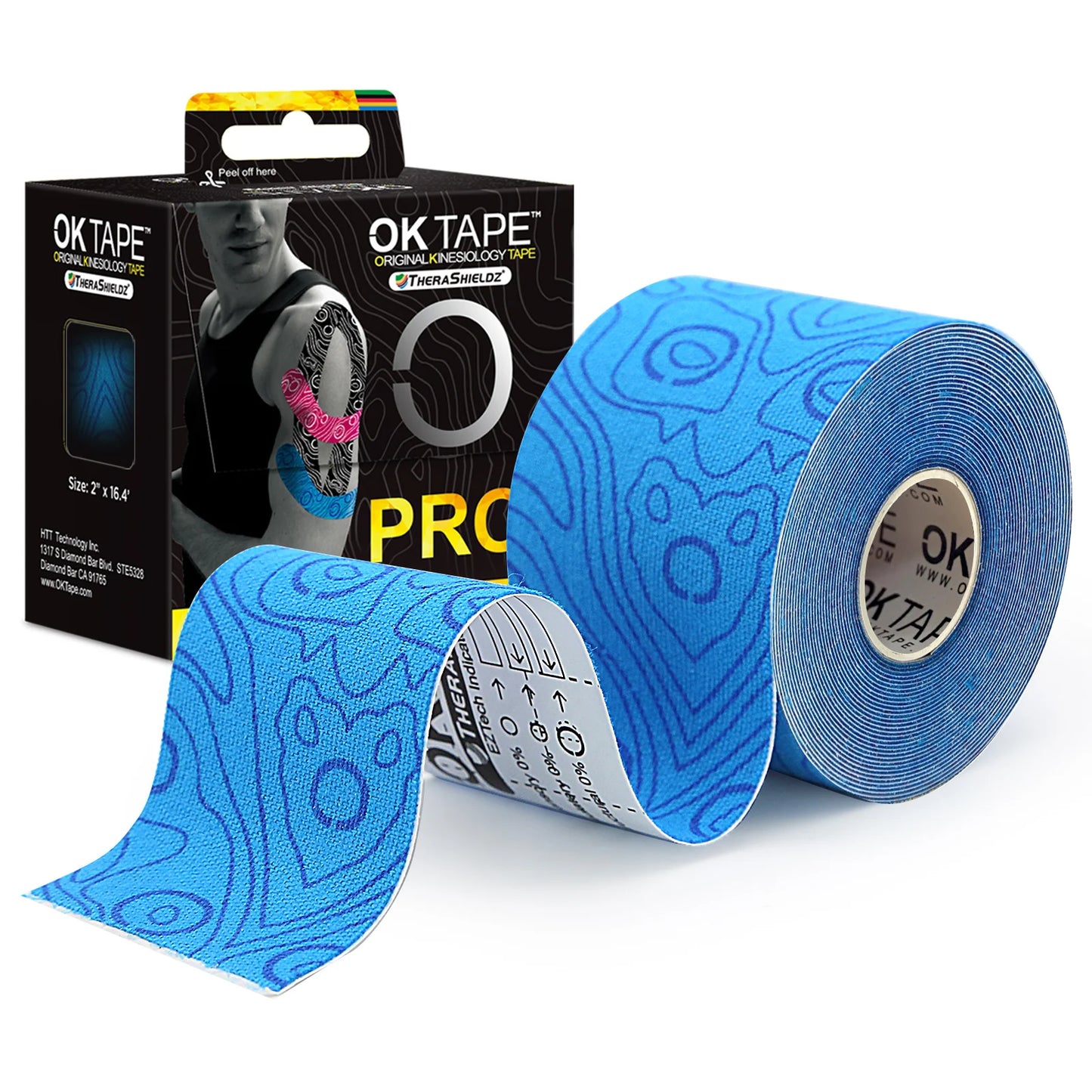 OK TAPE PRO kinesiology tape roll in vibrant colors, showcasing flexible, breathable material for muscle support.