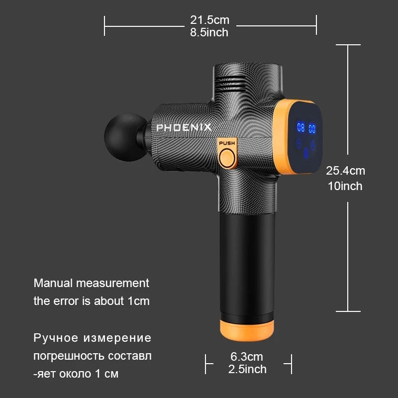 Fitnessniches Phoenix A2 Massage Gun with ergonomic handle and multiple attachments for muscle recovery and relaxation.